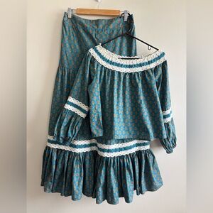 Luna Moon blouse & skirt set cotton romantic floral size L green blue fairycore